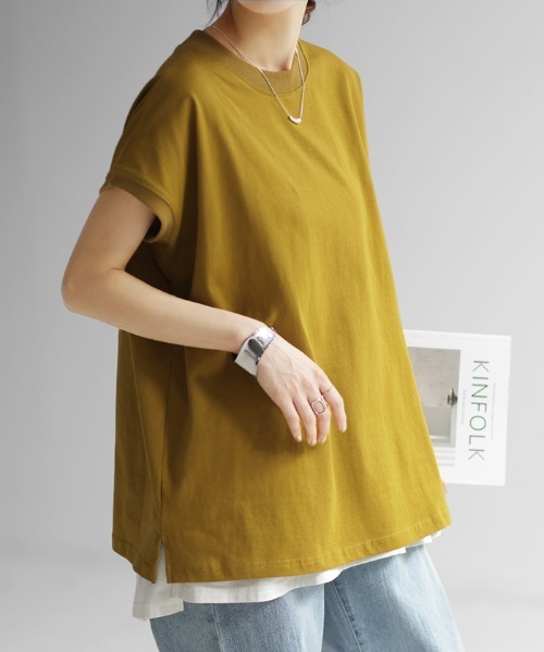 HUG.U(ハグユー)の「しっかり綿100% ヘビーオンス モックネックTシャツ(Tシャツ/カットソー・レディース・ナチュラル/ブラック/ライトオリーブ/ホワイト/ダークグレー/マスタード・L/M)」の1枚目の写真