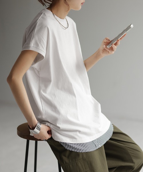 HUG.U(ハグユー)の「しっかり綿100% ヘビーオンス モックネックTシャツ(Tシャツ/カットソー・レディース・ナチュラル/ブラック/ライトオリーブ/ホワイト/ダークグレー/マスタード・L/M)」の8枚目の写真