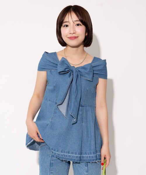 FREAK'S STORE（フリークスストア）の「【全骨格優勝！シリーズ】 マルチウェイ リボン付きデニムトップス＜セットアップ対応＞ / チュニック / ベスト（チュニック・レディース・ネイビー/サックスブルー・ﾌﾘ-）」の12枚目の写真