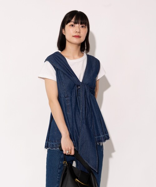 FREAK'S STORE（フリークスストア）の「【全骨格優勝！シリーズ】 マルチウェイ リボン付きデニムトップス＜セットアップ対応＞ / チュニック / ベスト（チュニック・レディース・ネイビー/サックスブルー・ﾌﾘ-）」の22枚目の写真