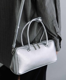 【新品•本革】レザーボストンバッグ　ハンド　ショルダー　サイドベルト　シルバー MURA シュリンクレザー ショルダーベルト付き ダブルファスナー