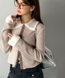【mily bilet】レイヤード風で魅せる。異素材ダブル襟デザインリブニット素材フロントホックカーディガン(長袖)