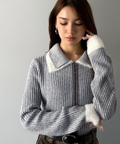 mily bilet(ミウィビレット)の「【mily bilet】レイヤード風で魅せる。異素材ダブル襟デザインリブニット素材フロントホックカーディガン(長袖)(カーディガン/ボレロ・レディース・ライトグレー/ベージュ/チャコールグレー・MEDIUM/LARGE/X-LARGE/SMALL)」の16枚目の写真