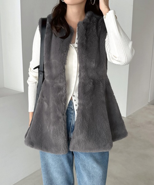 セール】ノーカラーペプラムファーベスト（ベスト）｜andme