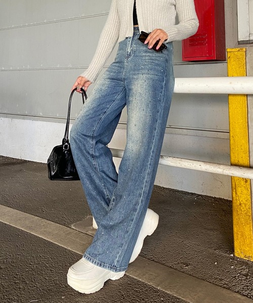 non-hedge(ノンヘッジ)の「ストーンデニムワイドパンツ(デニムパンツ・レディース・ブラック/インディゴブルー・S/M)」の1枚目の写真