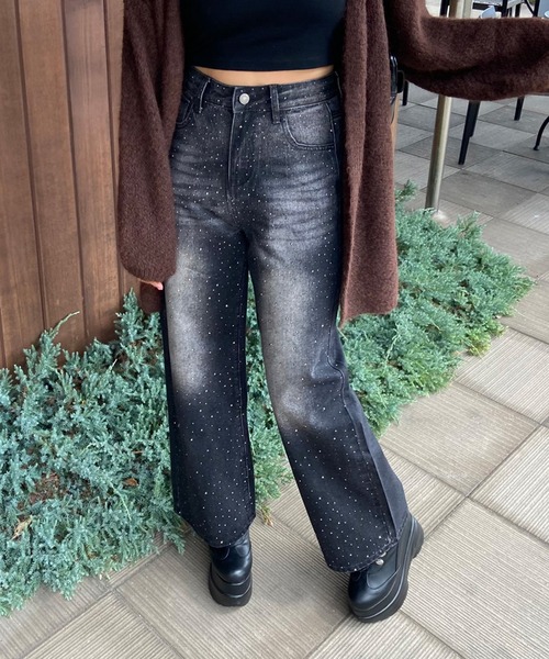 non-hedge(ノンヘッジ)の「ストーンデニムワイドパンツ(デニムパンツ・レディース・ブラック/インディゴブルー・S/M)」の2枚目の写真