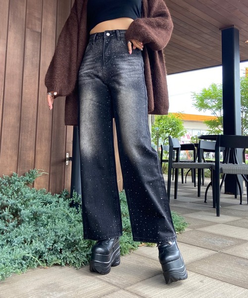 non-hedge(ノンヘッジ)の「ストーンデニムワイドパンツ(デニムパンツ・レディース・ブラック/インディゴブルー・S/M)」の12枚目の写真