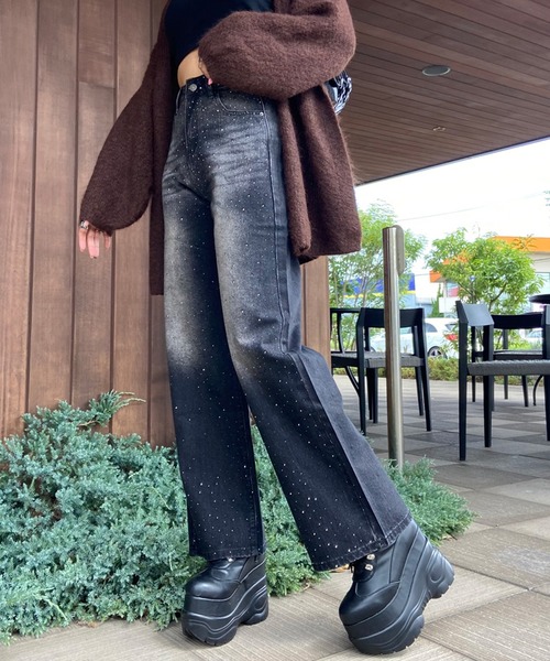 non-hedge(ノンヘッジ)の「ストーンデニムワイドパンツ(デニムパンツ・レディース・ブラック/インディゴブルー・S/M)」の13枚目の写真