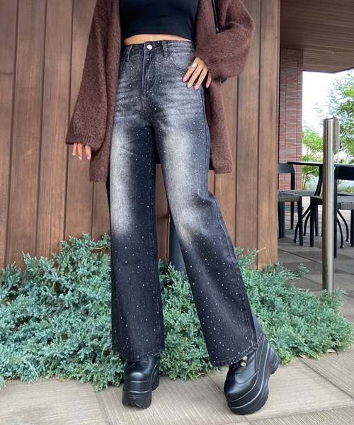 non-hedge(ノンヘッジ)の「ストーンデニムワイドパンツ(デニムパンツ・レディース・ブラック/インディゴブルー・S/M)」の15枚目の写真