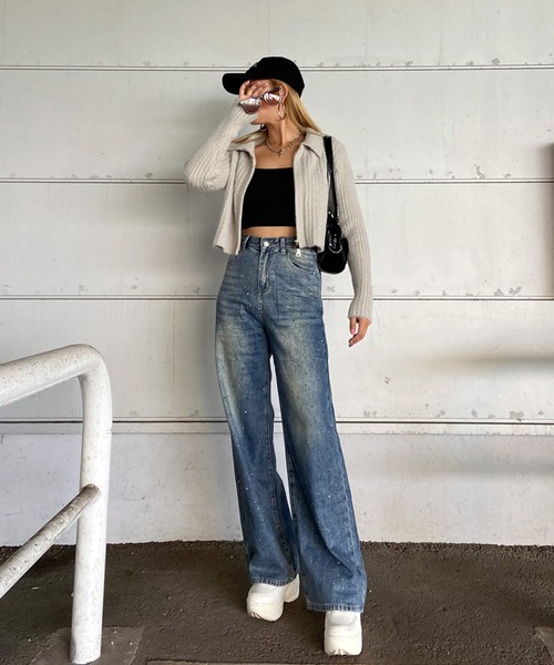 non-hedge(ノンヘッジ)の「ストーンデニムワイドパンツ(デニムパンツ・レディース・ブラック/インディゴブルー・S/M)」の4枚目の写真