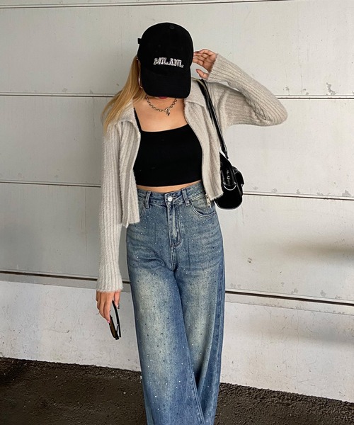 non-hedge(ノンヘッジ)の「ストーンデニムワイドパンツ(デニムパンツ・レディース・ブラック/インディゴブルー・S/M)」の5枚目の写真