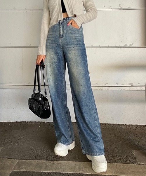 non-hedge(ノンヘッジ)の「ストーンデニムワイドパンツ(デニムパンツ・レディース・ブラック/インディゴブルー・S/M)」の6枚目の写真