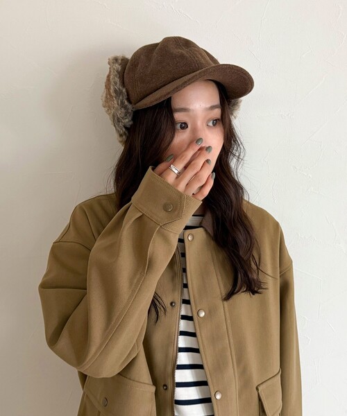 fredy emue（フレディエミュ）の「ファーツイードフライトキャップ（キャップ・レディース・ブラック/ブラウン・FREE）」の3枚目の写真