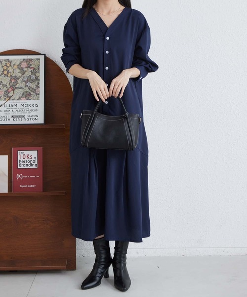 セール】Vネックルーズシルエット長袖ボリュウーロングワンピース