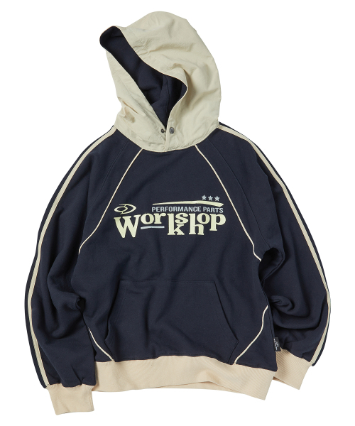 セール】ワークショップラインラグランナイロンミックスフードパーカー