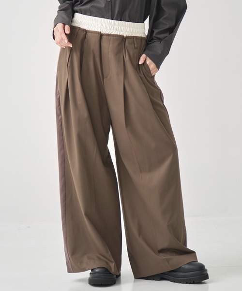 LeatherWaist Relax Pants/レザーウエストリラックスパンツ/ワイド