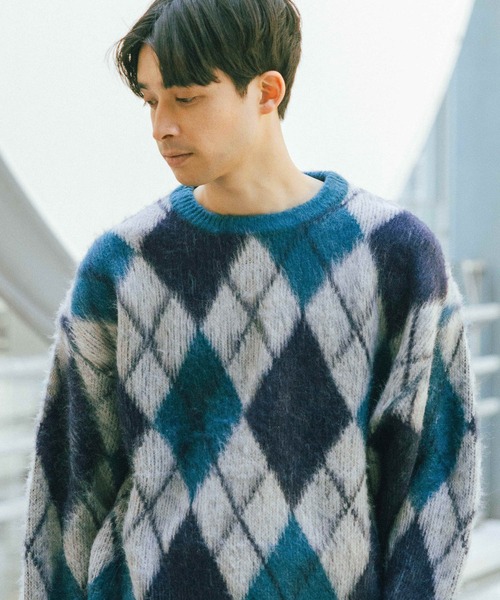 メンズ ウール アーガイル ニット セール】アーガイルシャギーニットプルオーバー / 633259（ニット