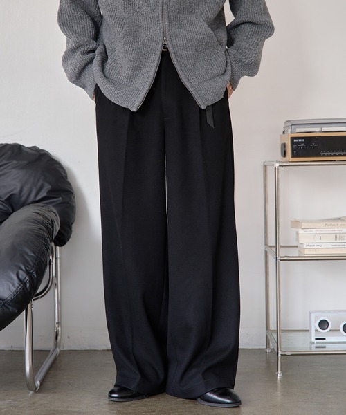 Lownn ローン ワイドストレートウールスラックス ブラック 無地 Lownn ローン ワイドストレートウールスラックス ブラック 無地 lownn