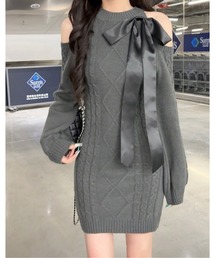 オープンショルダーリボンニットワンピース/大人かわいい/美シルエット