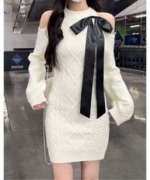 オープンショルダーリボンニットワンピース/大人かわいい/美シルエット