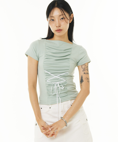 PIECEMAKER(ピースメーカー)の「RIBBON SHIRRING TEE (MINT)(Tシャツ/カットソー・レディース・その他・FREE)」の1枚目の写真