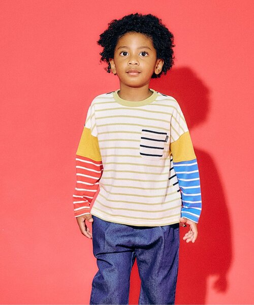 F.O.KIDS(エフオーキッズ)の「ボーダーTシャツ(Tシャツ/カットソー・キッズ・ブラック/ブルー/ベージュ/レッド/レインボー・110/100/90/80/160/150/140/130/120)」の1枚目の写真