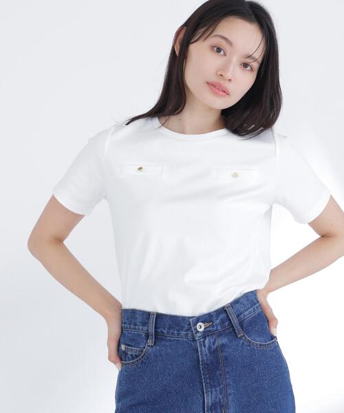 NATURAL BEAUTY BASIC(ナチュラルビューティーベーシック)の「<接触冷感>◇ベーシックTシャツ フェイクポケット付き(Tシャツ/カットソー・レディース・オフホワイト/グレー/ブラック・FREE)」の1枚目の写真