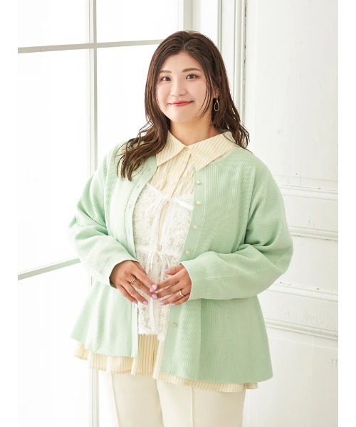 Re-J&SUPURE(リジェイアンドスプル)の「【大きいサイズ】【Sasaki Mikiコラボ】ペプラムスポンディッシュニットカーディガン(カーディガン/ボレロ・レディース・ライトグリーン/ダークグレー・XXXX-LARGE/XXX-LARGE/XX-LARGE)」の12枚目の写真
