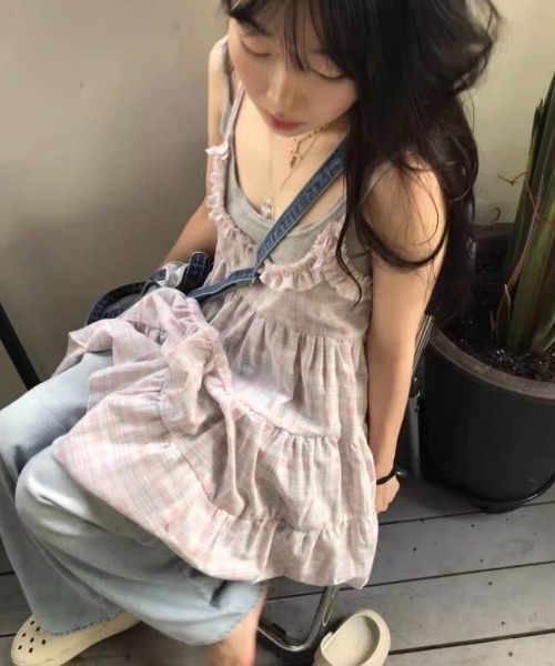 LADY LIKE(レディライク)の「フリル付きパステルチェック柄キャミワンピース(ワンピース・レディース・ピンク/イエロー・M)」の12枚目の写真