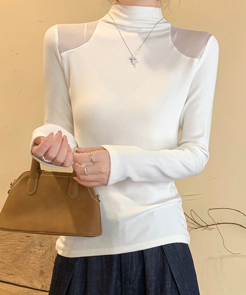 2ly2(トゥーリートゥー)の「シアー切替ハイネックトップス(Tシャツ/カットソー・レディース・ホワイト/ブラック/グレー・FREE)」の2枚目の写真