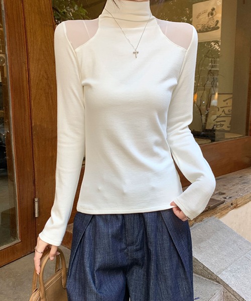 2ly2(トゥーリートゥー)の「シアー切替ハイネックトップス(Tシャツ/カットソー・レディース・ホワイト/ブラック/グレー・FREE)」の6枚目の写真