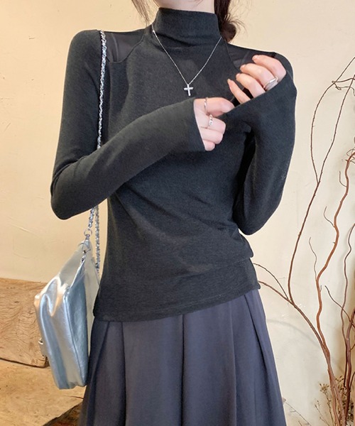 2ly2(トゥーリートゥー)の「シアー切替ハイネックトップス(Tシャツ/カットソー・レディース・ホワイト/ブラック/グレー・FREE)」の8枚目の写真