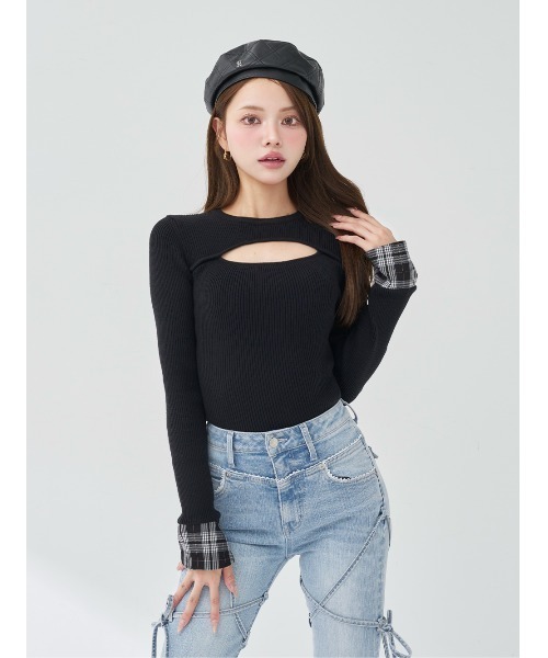 チェックカフスリブニットトップス（ニット/セーター）｜Darich