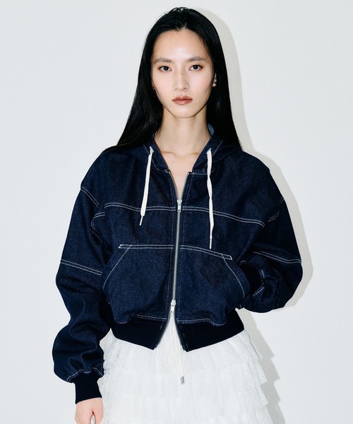 3.3 Field Trip (3.3フィールドトリップ)の「3.3 Field Trip/フードダブルジップデニムブルゾン(ブルゾン・レディース・ブルー/ブラック/ネイビー・FREE)」の1枚目の写真