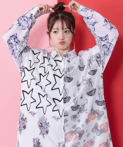 ScoLar（スカラー）の「161624：パッチワーク風総柄シャツワンピース（ワンピース・レディース・ブルー/オフホワイト・M）」の3枚目の写真