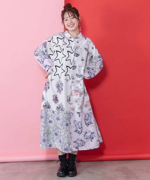 ScoLar（スカラー）の「161624：パッチワーク風総柄シャツワンピース（ワンピース・レディース・ブルー/オフホワイト・M）」の4枚目の写真