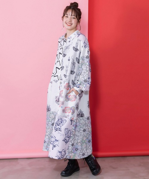 ScoLar（スカラー）の「161624：パッチワーク風総柄シャツワンピース（ワンピース・レディース・ブルー/オフホワイト・M）」の5枚目の写真