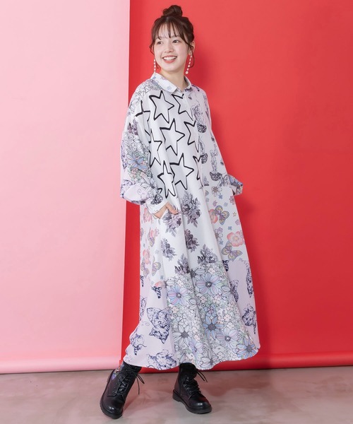 ScoLar（スカラー）の「161624：パッチワーク風総柄シャツワンピース（ワンピース・レディース・ブルー/オフホワイト・M）」の7枚目の写真