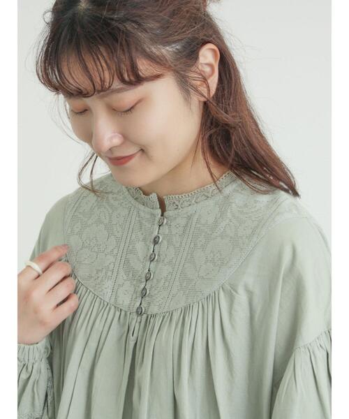 ★美品★ガリアーノ　七分袖カットソー　モスグリーン　総刺繍　インポート Rosa salmon フラワー総刺繍ノースリーブワンピース(ワンピース