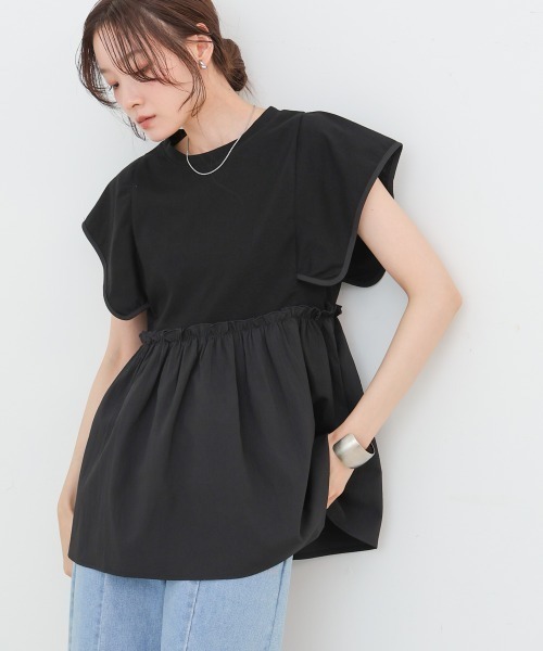 Bab(バブ)の「スクエアーショルダーペプラムトップス(Tシャツ/カットソー・レディース・オフホワイト/ブラック・MEDIUM)」の16枚目の写真