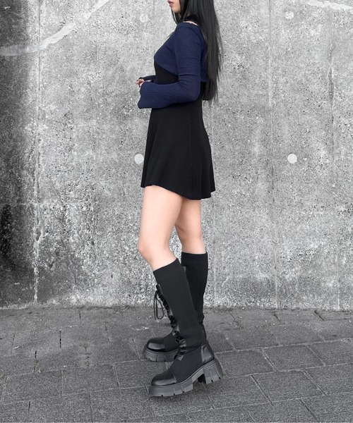LVEU.（ラブユ.）の「【LVEU.】ホックデザインレイヤードトップス / トップス カーディガン 羽織 シアー ニット チャイナ ショート レイヤード モード（カーディガン/ボレロ・レディース・ネイビー/ブラック・FREE）」の9枚目の写真