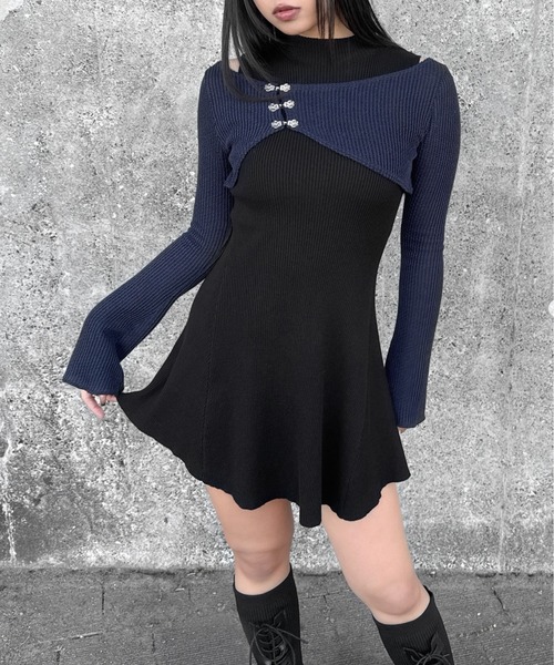 LVEU.（ラブユ.）の「【LVEU.】ホックデザインレイヤードトップス / トップス カーディガン 羽織 シアー ニット チャイナ ショート レイヤード モード（カーディガン/ボレロ・レディース・ネイビー/ブラック・FREE）」の10枚目の写真