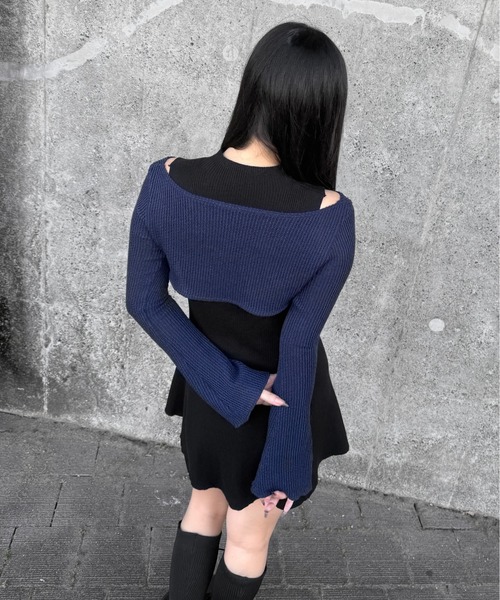 LVEU.（ラブユ.）の「【LVEU.】ホックデザインレイヤードトップス / トップス カーディガン 羽織 シアー ニット チャイナ ショート レイヤード モード（カーディガン/ボレロ・レディース・ネイビー/ブラック・FREE）」の11枚目の写真