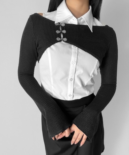 LVEU.（ラブユ.）の「【LVEU.】ホックデザインレイヤードトップス / トップス カーディガン 羽織 シアー ニット チャイナ ショート レイヤード モード（カーディガン/ボレロ・レディース・ネイビー/ブラック・FREE）」の16枚目の写真