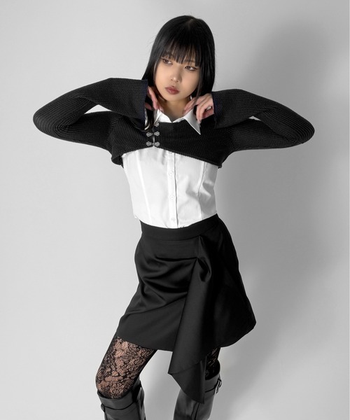 LVEU.（ラブユ.）の「【LVEU.】ホックデザインレイヤードトップス / トップス カーディガン 羽織 シアー ニット チャイナ ショート レイヤード モード（カーディガン/ボレロ・レディース・ネイビー/ブラック・FREE）」の20枚目の写真