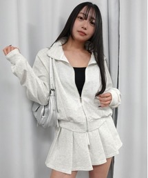 【 セットアップ 】ジップ スウェットブルゾン + プリーツミニスカート風ショートパンツ SET
