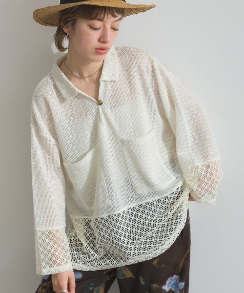 le colis(ルコリ)の「メッシュ編み MIX 切替 メッシュ ポロシャツ プルオーバー(シャツ/ブラウス・レディース・オフホワイト/ブラック・FREE)」の1枚目の写真