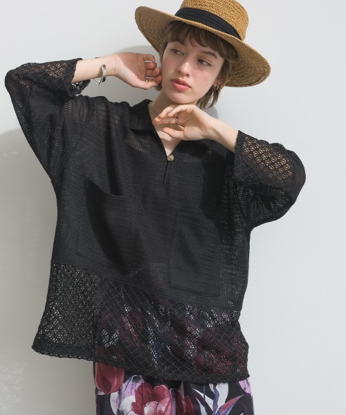 le colis(ルコリ)の「メッシュ編み MIX 切替 メッシュ ポロシャツ プルオーバー(シャツ/ブラウス・レディース・オフホワイト/ブラック・FREE)」の2枚目の写真