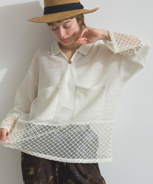 le colis(ルコリ)の「メッシュ編み MIX 切替 メッシュ ポロシャツ プルオーバー(シャツ/ブラウス・レディース・オフホワイト/ブラック・FREE)」の17枚目の写真