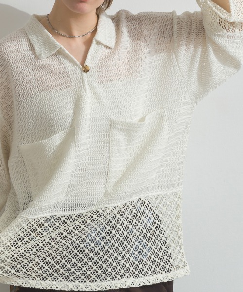 le colis(ルコリ)の「メッシュ編み MIX 切替 メッシュ ポロシャツ プルオーバー(シャツ/ブラウス・レディース・オフホワイト/ブラック・FREE)」の21枚目の写真
